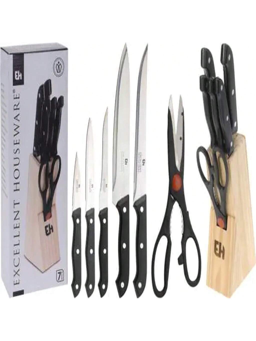 Kitchen Knives With Scissors In A Wooden Block