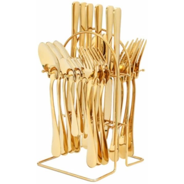 Guld Set - Polerat Rostfritt Stål Guld Set - 24 Delar Set - Plus Innehåller Guld Bestickställ - Diskmaskinssäker Kvalitetsflik