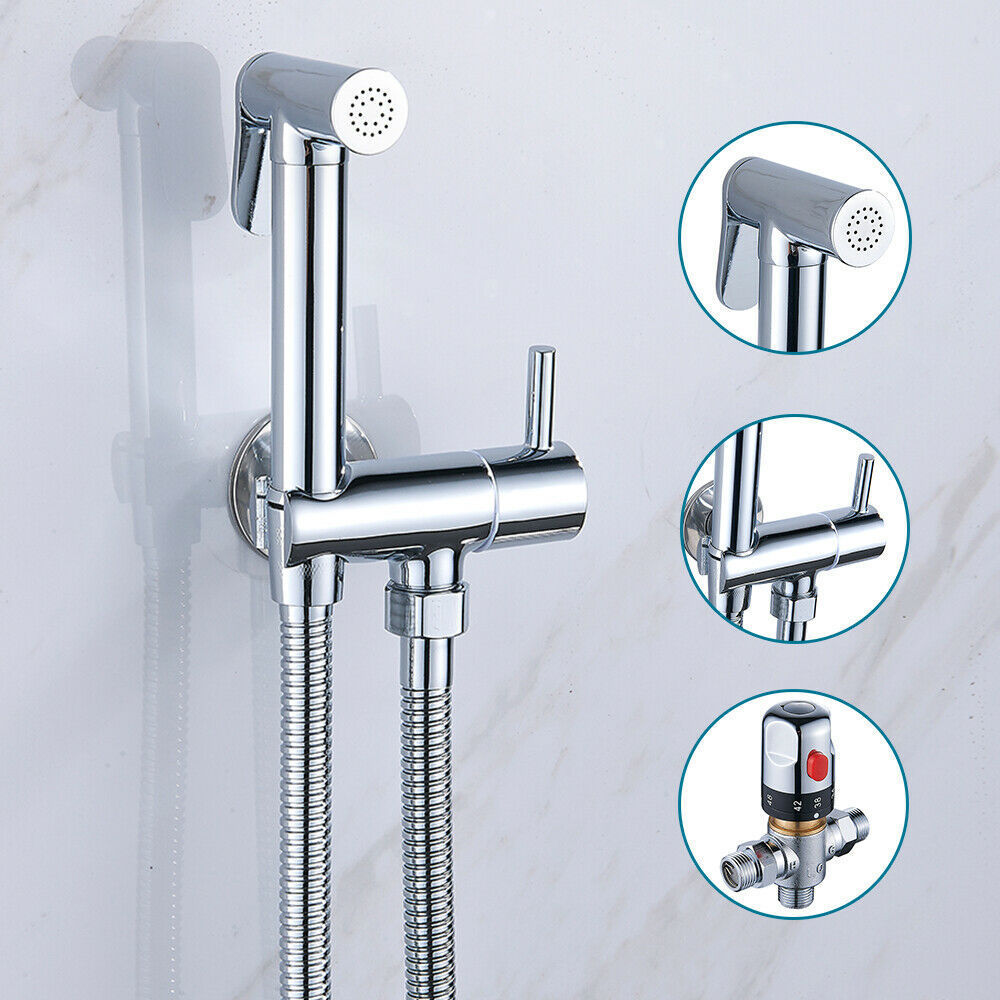 Kit Wc-douche Avec Mitigeur Thermostatique, Douchette Et Pulvérisateur Pour Une Hygiène Intime Optimale, Finition Laiton Chromé Anti-brûlure, Ensemble Wc-douche Bidet.