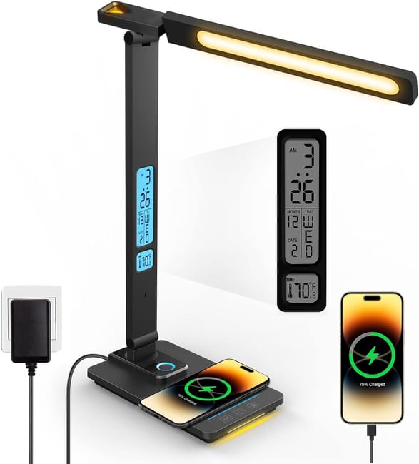 Lampe De Bureau Led Dimmable Avec Fonction - De Charge Horloge Lampe De Table Veilleuse Avec Chargeur Sans Fil 10w, Port De Charge Usb