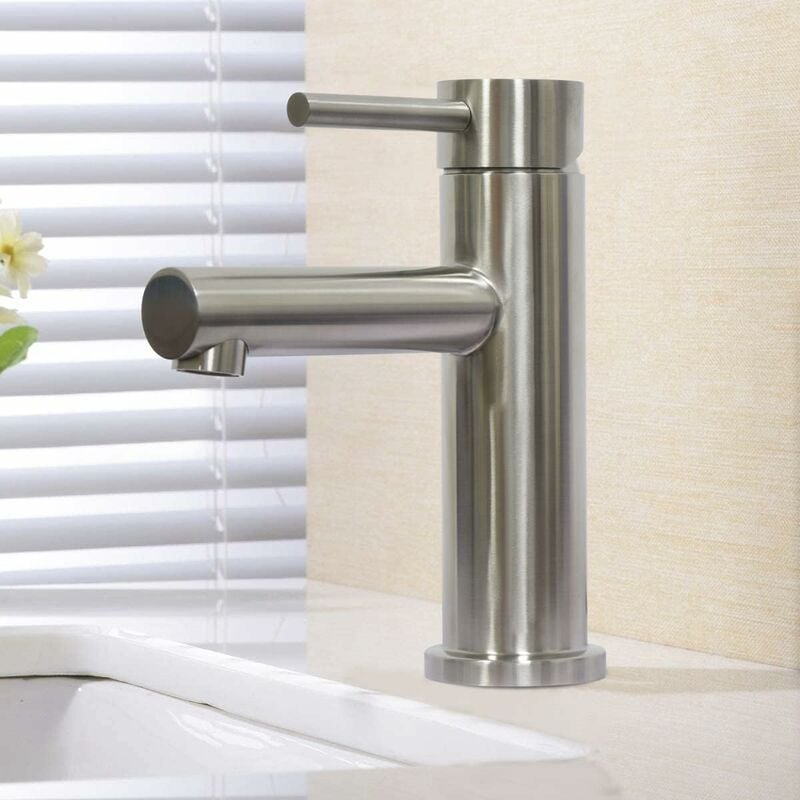 Robinet De Lave-mains Mitigeur De Lavabo Monotrou En Acier Inoxydable, Chaud Et Froid, Finition Brossée