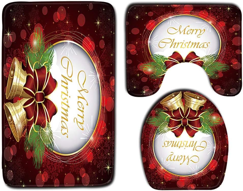 Ensemble De Salle De Bain 3 Pièces À Motifs De Noël, Comprenant Un Abattant De Toilettes, Des Autocollants De Noël, Un Paillasson, Un Tapis De Toilette Antidérapant Et Une Housse D'Abattant. Décoratio