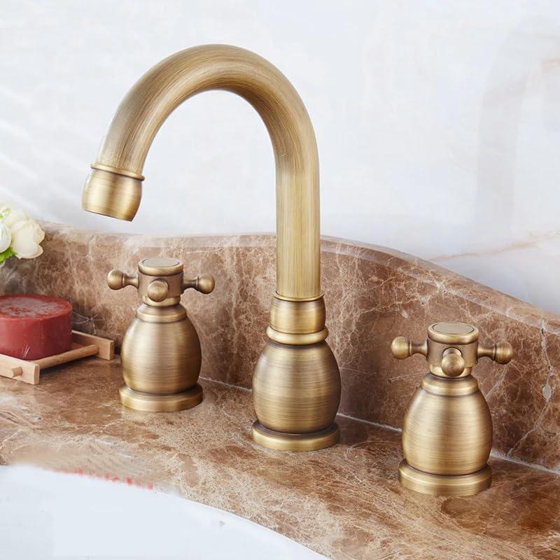 Antique Brass 3-hole Faucet Durable Vintage Style Double Handle Basin Mixer Tap