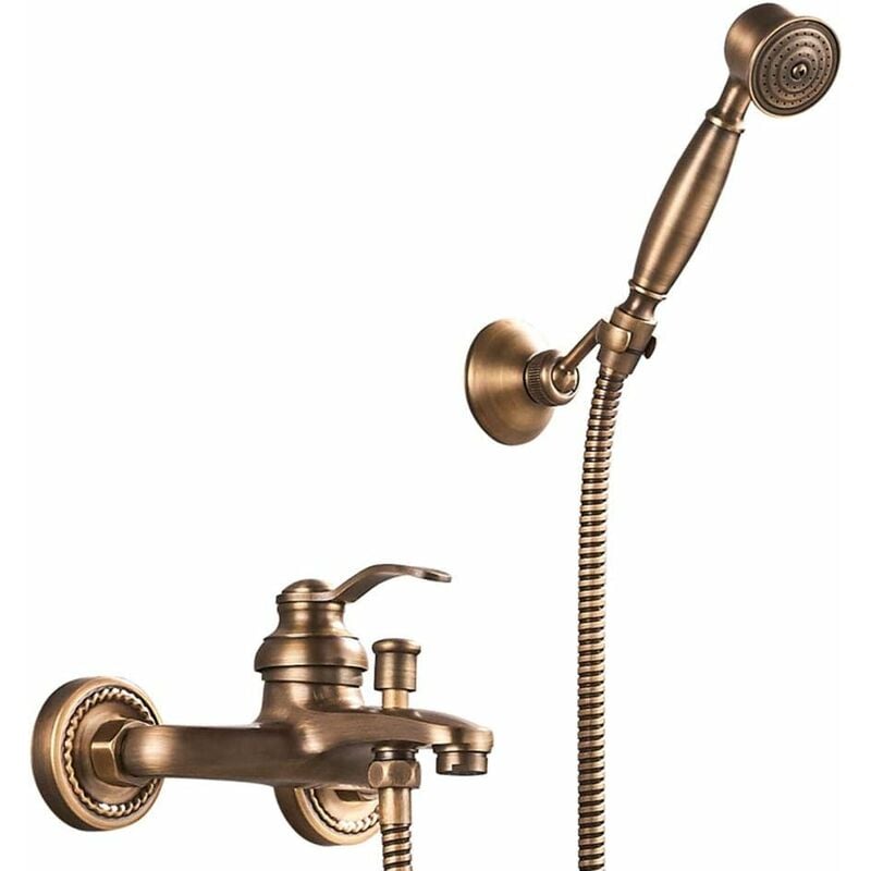 Grifo De Bañera Y Ducha Con Ducha De Mano, Grifería De Latón Retro, 2 Orificios, 2 Asas, Mezclador De Ducha De Montaje En Pared De Bronce Antiguo