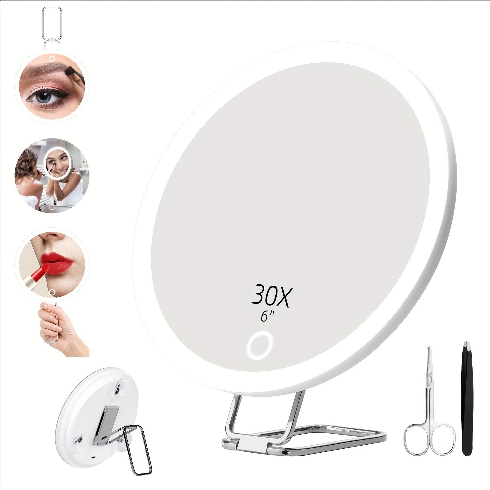 Miroir Grossissant Avec Éclairage X30, Miroir De Maquillage Lumineux De 13,2 Cm Avec 3 Modes De Couleur Et Grossissement X30, Grand Miroir Grossissant De Voyage
