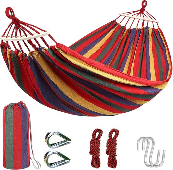 Hangmat - Katoenen Hangmat - Dubbele Hangmat - Draagbare Hangmat Voor Buiten En Kamperen - Inclusief Opbergtas, S-haak En Verdikt Touw - 260150 Cm - Geschikt Voor Backpacken, Strand, Kamperen, Tuin, E