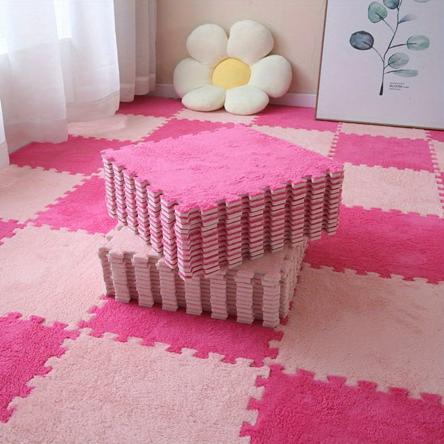 12-piece Plush Puzzle Foam Floor Mat Set: Soft Interlocking Carpet Squares For Anti-slip Comfort & Protection In Any Room