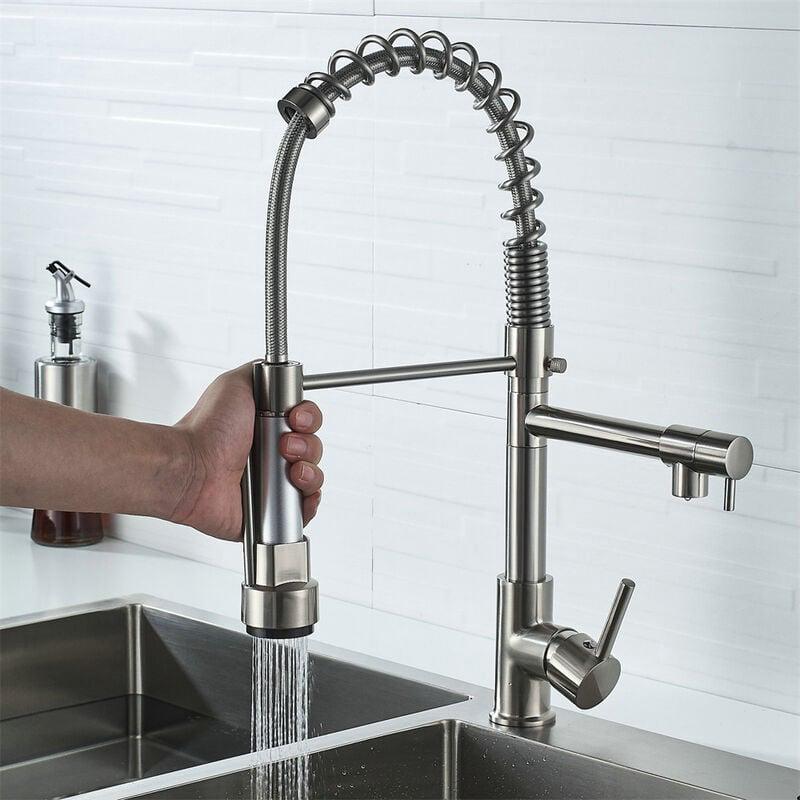Robinet Brossé Cuisine Extractible 2 Jets Robinet Mitigeu Monocommande Pivotant À 360° Eau Froid Et Chaud Disponible