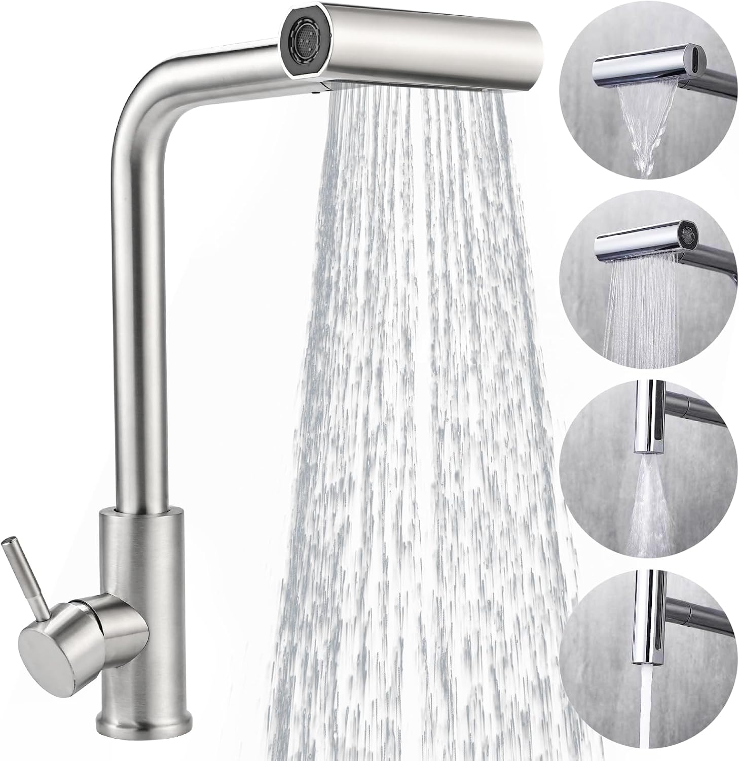 Robinet De Cuisine Avec Douchette Extractible, Rotation À 360°, 4 Modes De Débit D'Eau Et Tuyau D'Arrivée D'Eau De 60 Cm.