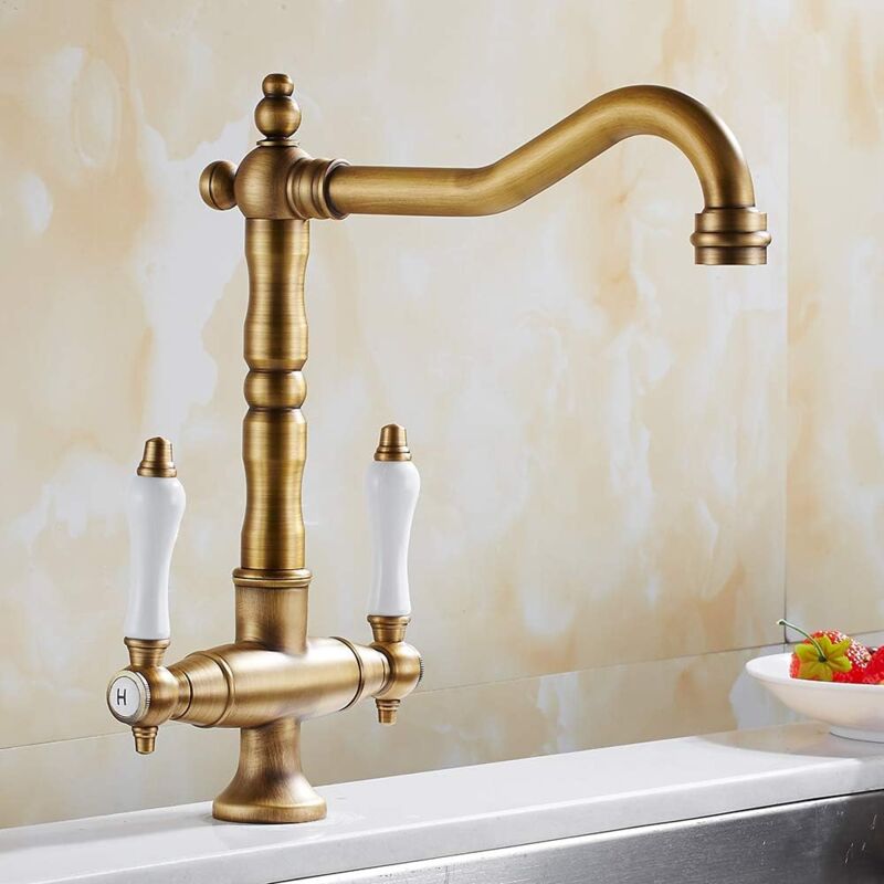 Robinet Mitigeur Traditionnel Pour Évier De Cuisine En Laiton Massif Avec Double Poignée Bronze Antique （antique）