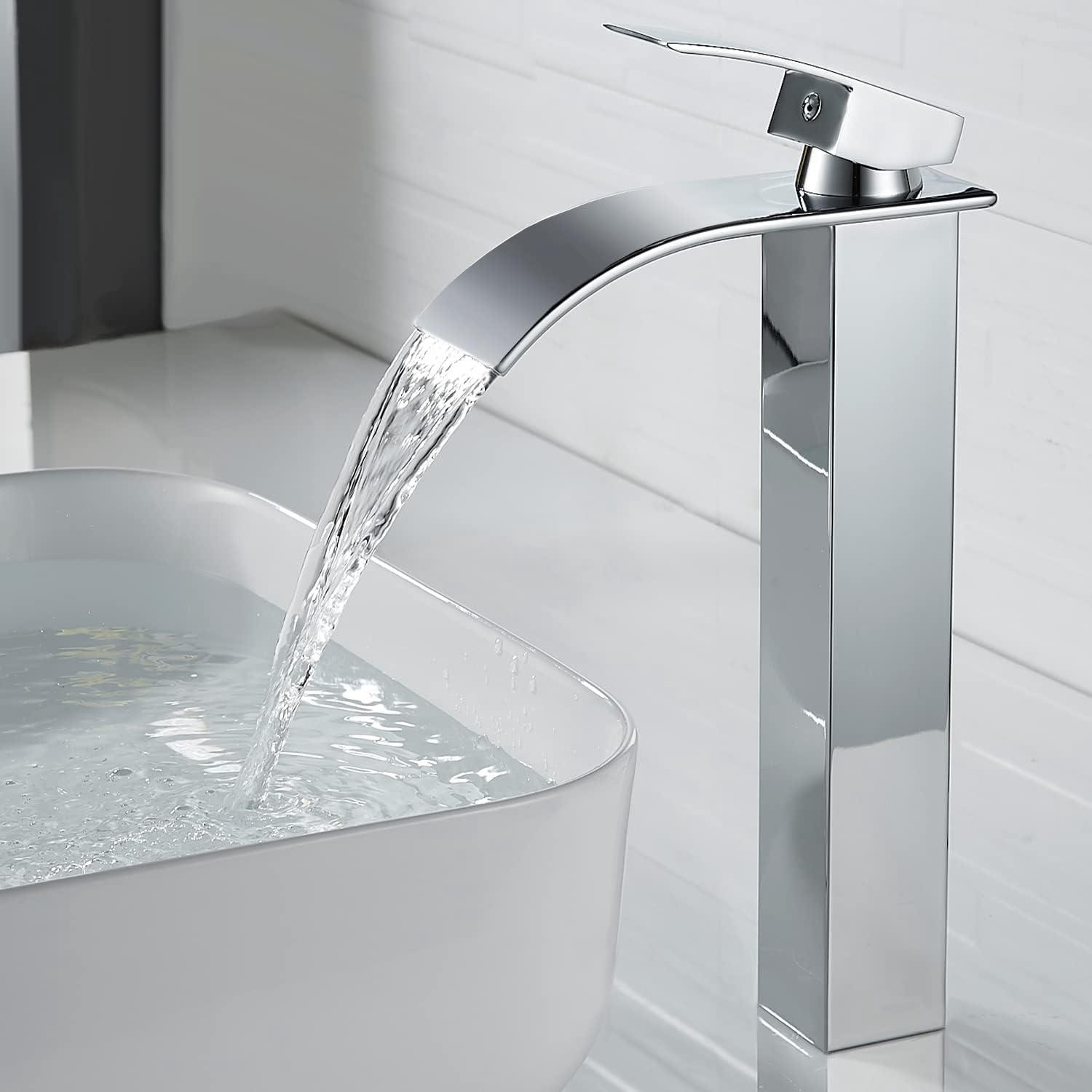 Grifo De Fregadero De Cascade Grande Y Moderno Con Agua Fría Y Caliente Disponible, Grifo De Cascade Cromado, Grifo De Cascade De Curva Natural Plateada-alto