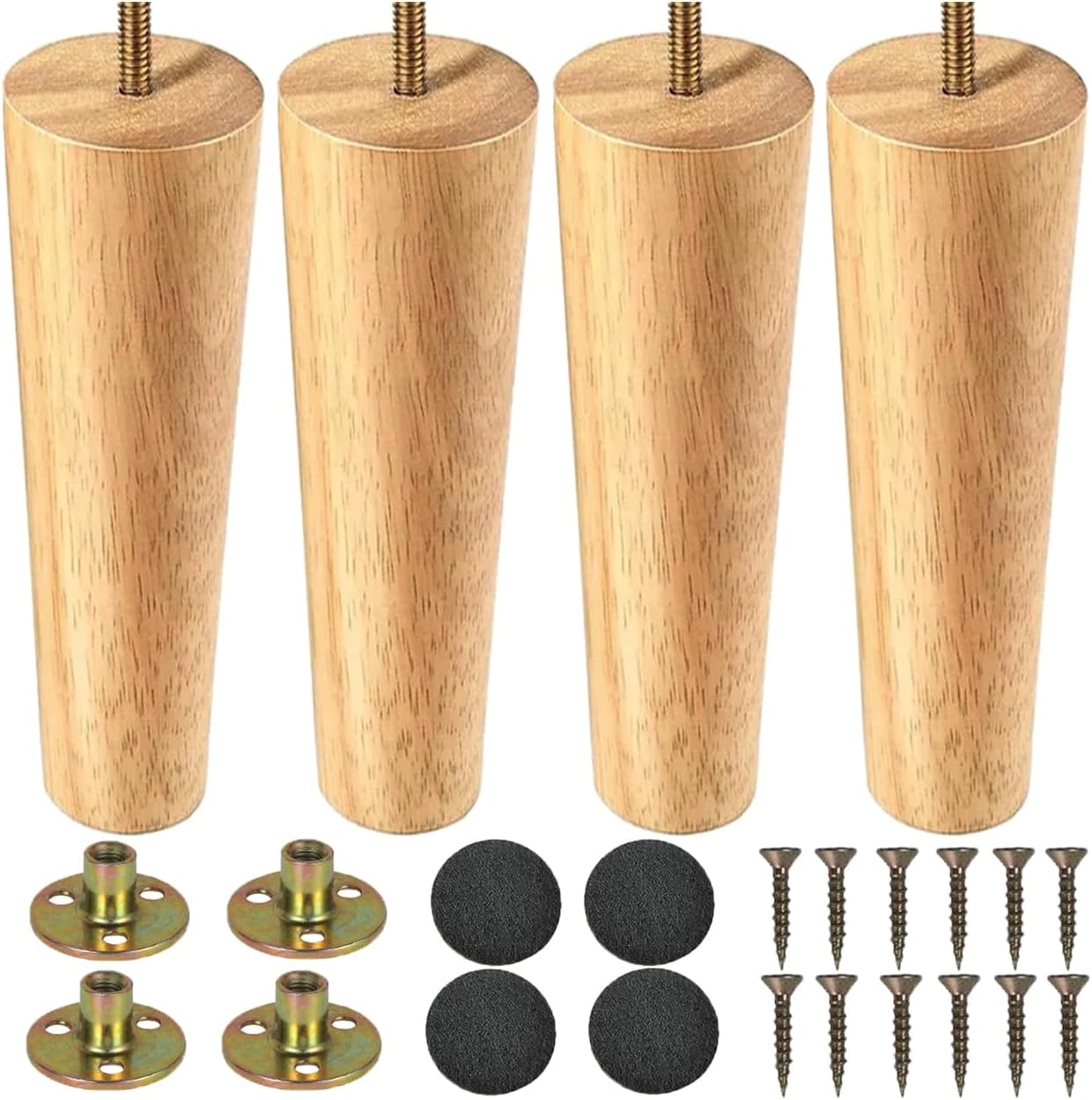 Pieds De Meubles En Bois 20cm Pied De Table 4 Pièces Pieds De Table En Bois Conique Massif Pieds De Canapé Pieds De Meubles De Remplacement Avec Vis De Plaque De Montage Et Tapis Antidérapant