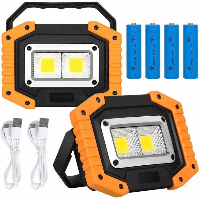 2 Projecteur De Chantier Led, Lampe De Travail Rechargeable Usb 30w 2000lm - Luminaire Extérieur Avec 4 Piles 18650, Lumière Etanche Ip65