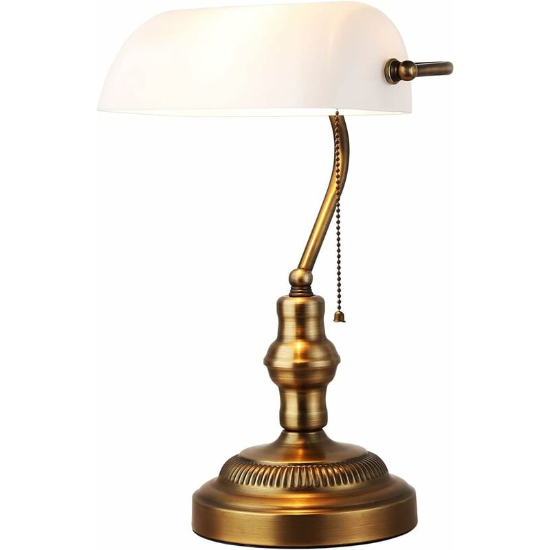 Lampe De Table Rétro, Blanc Lampe De Bureau En Verre Pour Banquier, Avec Base En Laiton, Chaîne Interrupteur, Pour Bureaux, Salles D'Études, Chambres À Coucher, Bibliothèques