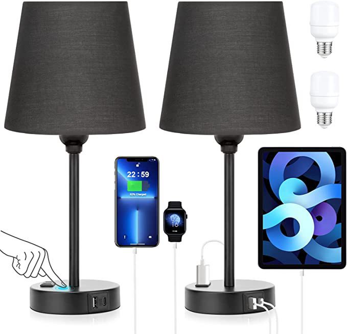 Lampe De Chevet Avec Ports Usb-a+c Et Prise Secteur, 3 Niveaux De Luminosité Réglables, Ensemble De Lampes De Chevet 2 Lumières Pour Chambre, Salon, Chambre D'Enfants, Bureau [classe D'Efficacité Éner
