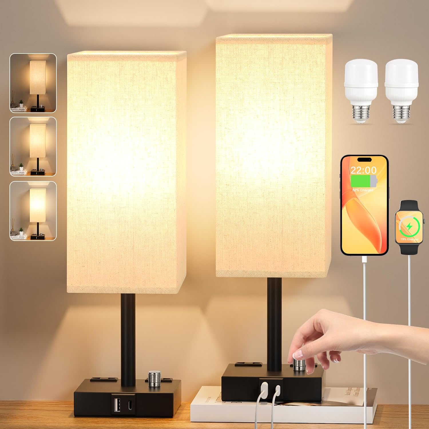 Lot De 2 Lampes De Chevet Avec Port Usb A+c Et Prise Secteur, Interrupteur Rotatif, Variateur D'Intensité,(2 Ampoules Incluses)