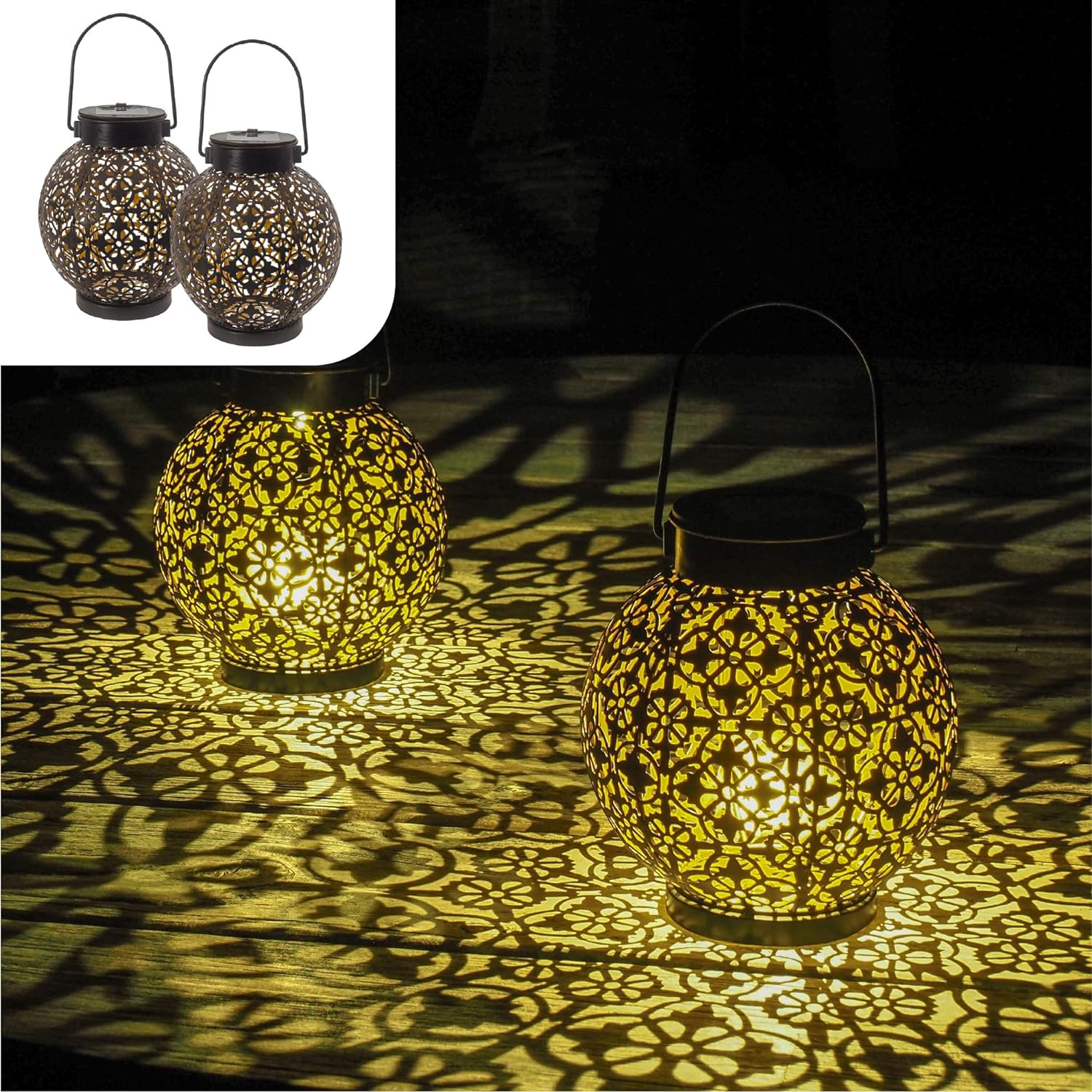 Luce Solare Decorativa Per Esterni Set Di 2 Lanterna Da Giardino A Led Adatto Come Lampada Da Tavolo O Lampada A Sospensione Metallo Nero E Oro