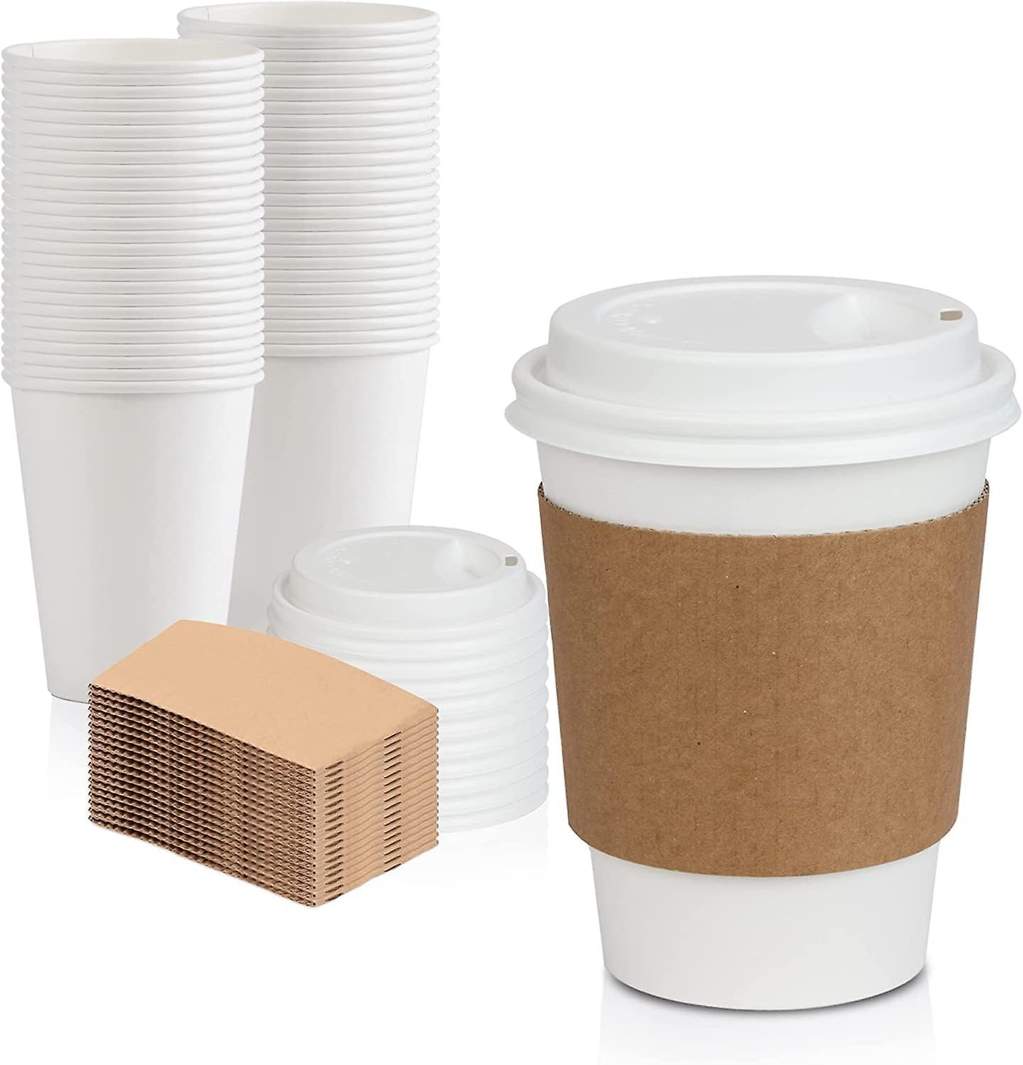50 X 16oz Paper Coffee Cups With 50 White Lids And 50 Sleeves, Disposable Coffee Cups For Hot And Cold Drinks