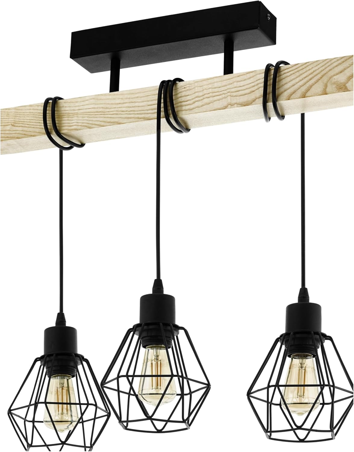 Suspension Luminaire, Lustre À 3 Lampes, Abat-jour Suspendus Au Design Vintage Et Industriel, Éclairage Rétro En Acier Noir Et Bois, Douille E27
