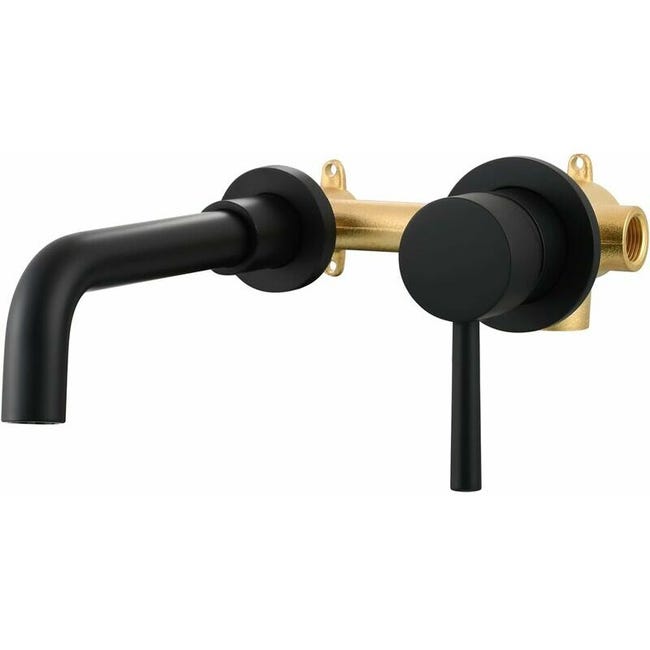 Mitigeur Lavabo Noir 2 Trous Robinet Mural Encastré En Laiton Eau Chaude Et Froide Pour Salle De Bain
