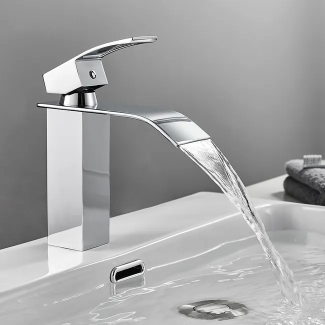 Robinet Salle De Bain Robinet Mono-trou Mitigeur Lavabo Cascade Robinetterie Lave-mains Avec Levier Unique Mélangeur À L'Eau Chaude Et Froide