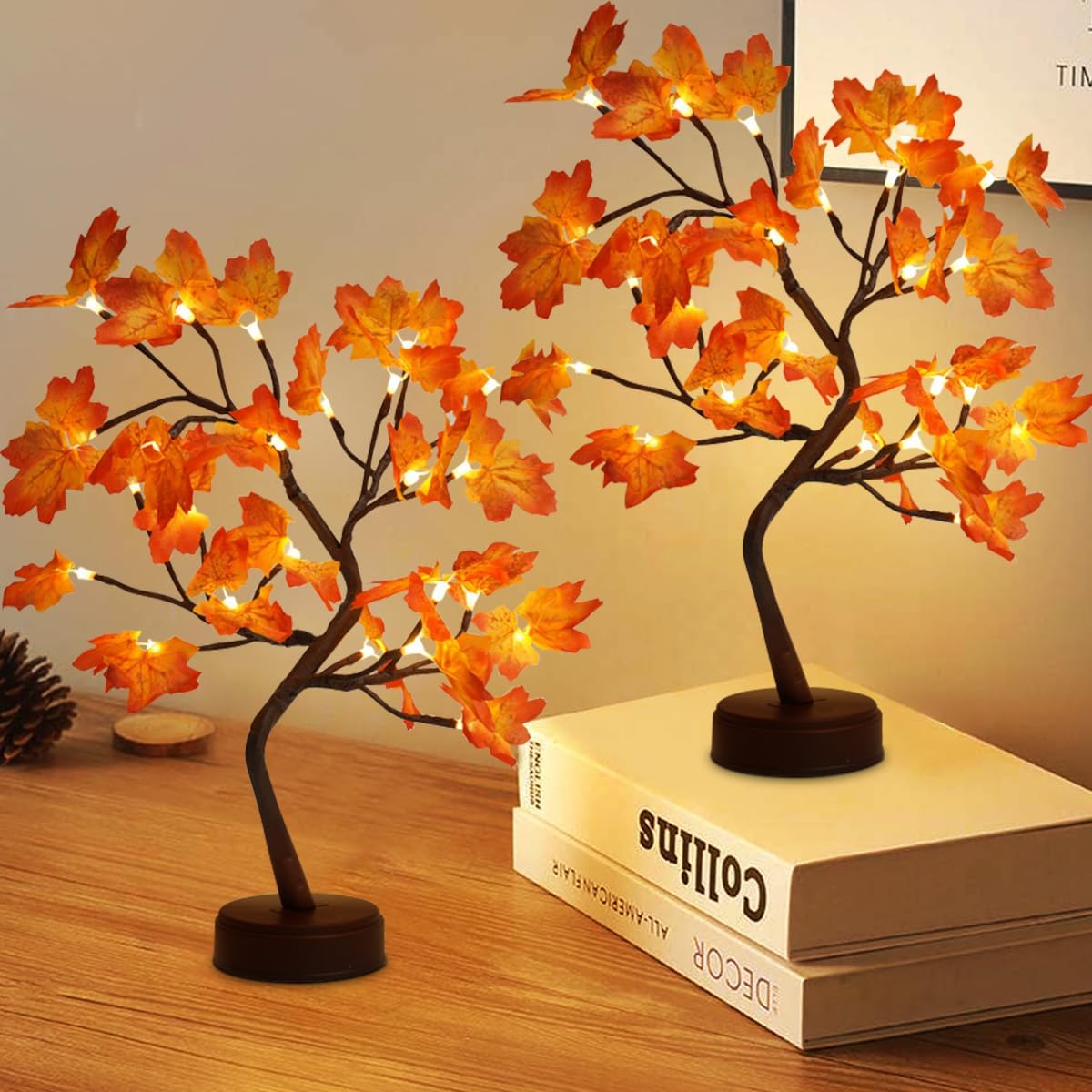 Lot De 2 Sapins Lumineux D'Automne En Forme D'Érable, 24 Led, Interrupteur Tactile, Alimentation Par Câble Usb Ou Piles, Idéal Pour Les Fêtes Et Festivals.