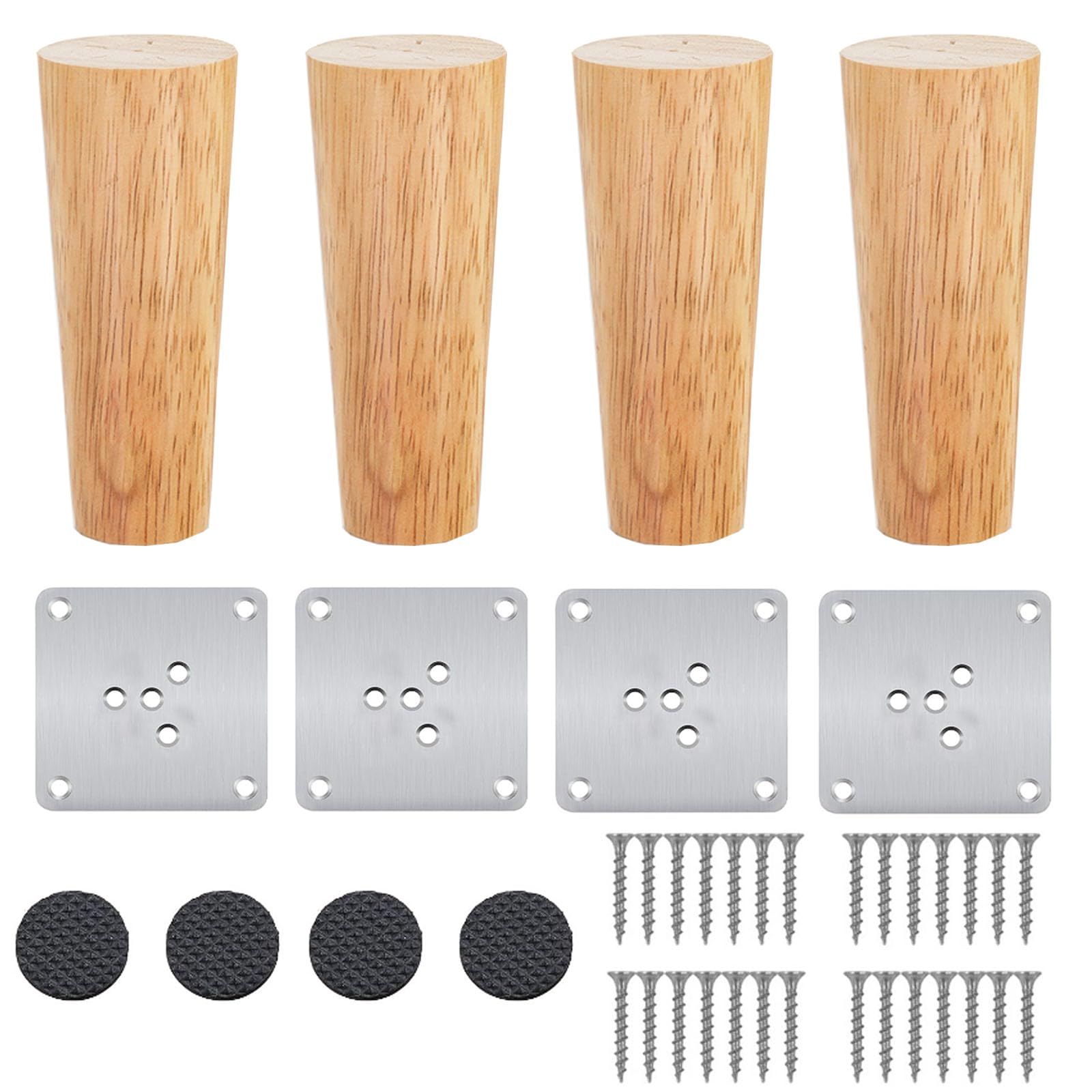 Lot De 4 Pieds De Table En Bois Massif De 20 Cm - Coniques De Rechange - Pieds De Meuble En Chêne - Avec Plaques De Montage Et Vis - Pour Chaises Et Canapé, Lit, Armoire, Canapé, Chaise, Ottoman