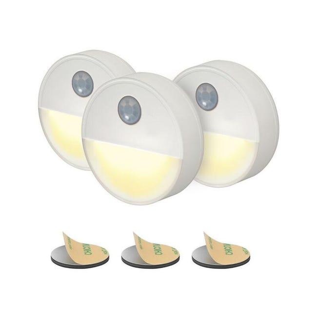 Veilleuse À Détecteur De Mouvement Pir - 3 Pièces - Lumière Led Jaune Chaud Avec Alimentation Par Piles, Sans Fil