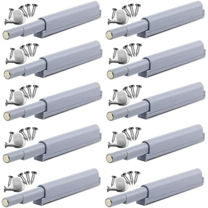 Set 10 Incuietori Magnetice Push-to-open Pentru Mobilier, Plastic, Gri, Ajustabile 1-4mm