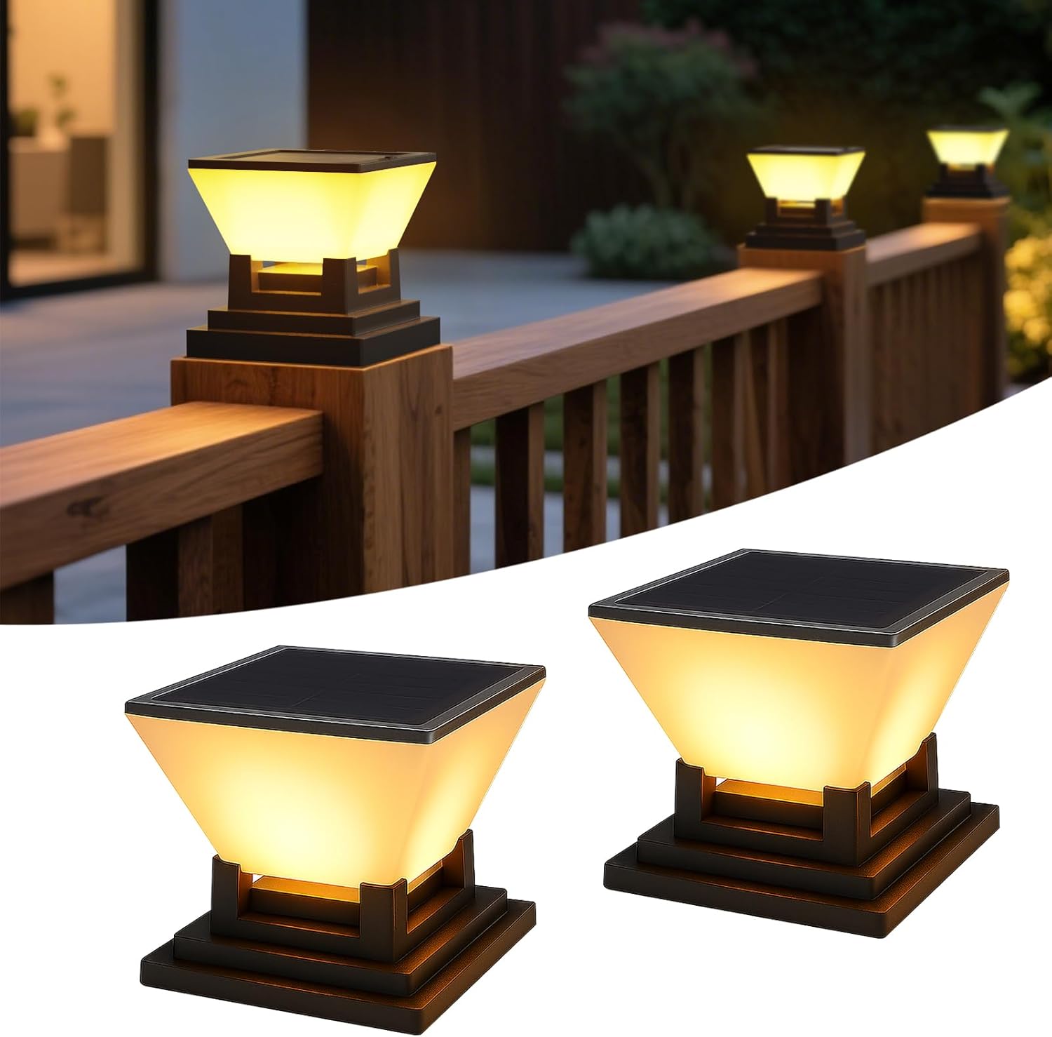 Lot De 2 Capuchons De Poteau Solaires - Solaire Chapeau Poteau 7x7, 8x8, 9x9, 10x10cm - Ip65 Étanche - 1012 Heures - 3 Modes - Lampe Solaire De Jardin Exterieur Pour Poteaux En Bois, Clôture [classe É