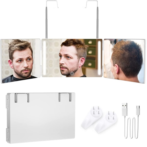 3way Mirror Trifold Mirror Self Hairdressing Mirror Hårklippningsverktyg White With Led