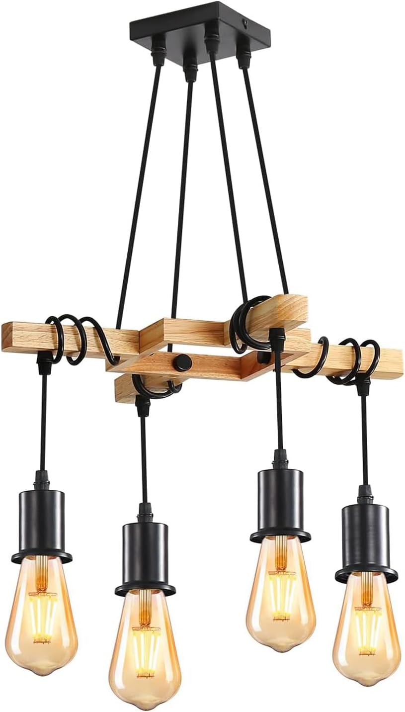 Suspension Industrielle, Lustre En Bois E27, Hauteur Réglable, Convient Pour Salon, Cuisine, Chambre À Coucher, 4 Ampoules Non Incluses