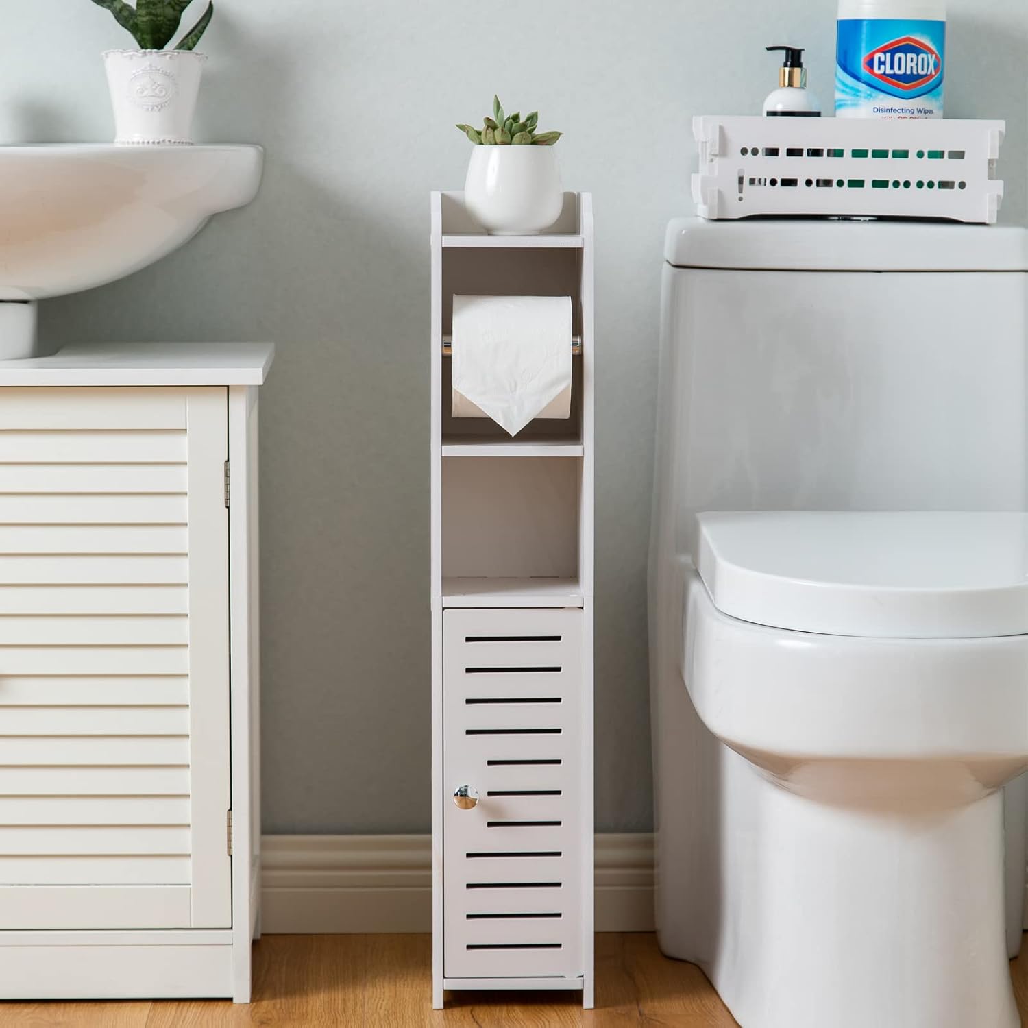 Porte-papier Toilette, Colonne D'Armoire Avec Porte-papier , Porte-papier Toilette 2 En 1 Et Brosse Toilette, Meuble De Salle De Bain, En Pvc