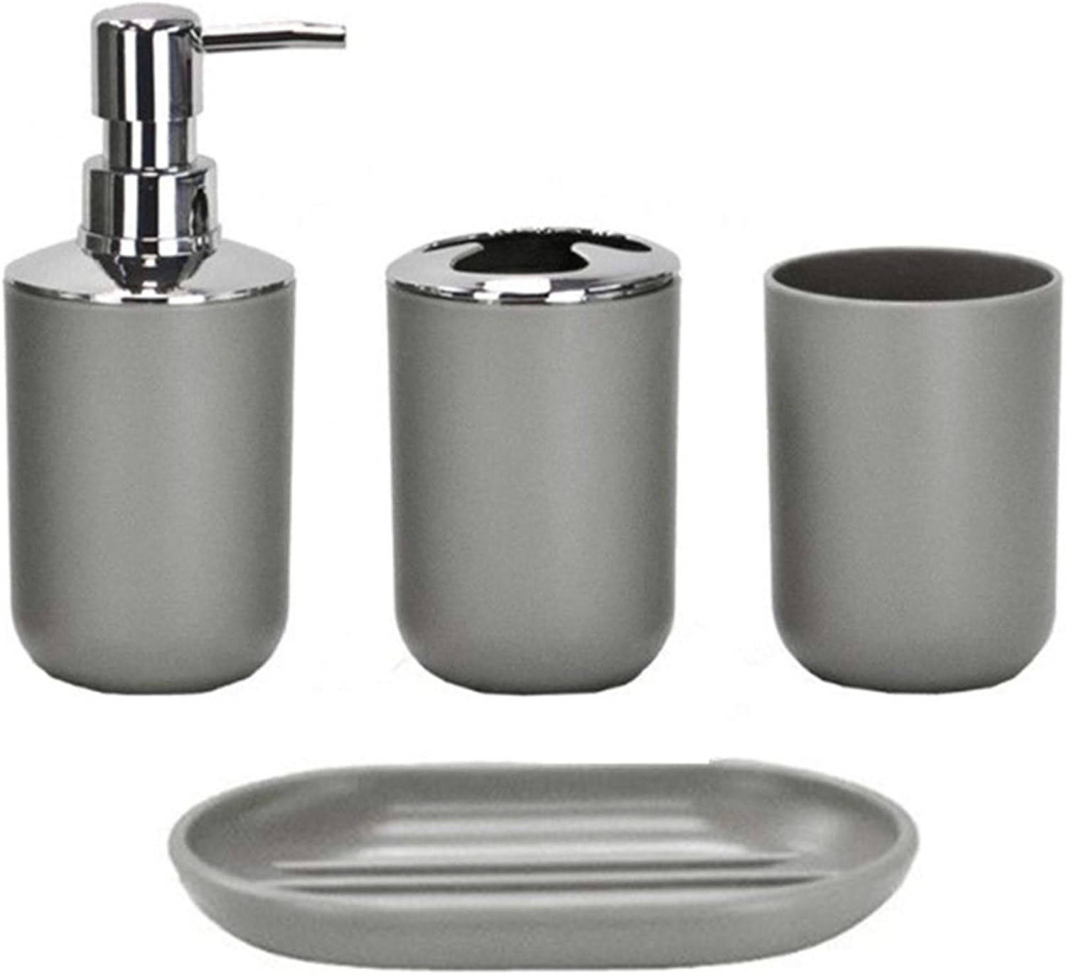Badezimmer-zubehör-set, Modernes Design, 4-teilig, Lotionsflaschen, Zahnbürstenhalter, Zahnbecher, Seifenschale, Grau-vier