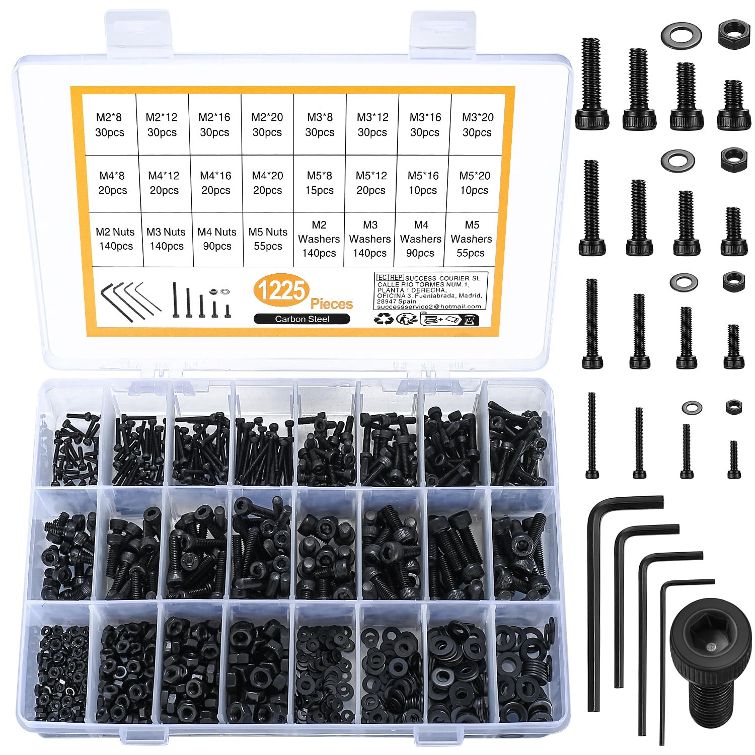 1225 Pcs M2 / M3 / M4 / M5 Boulons À Six Pans Creux Écrous Rondelles Assortiment, Vis À Tête Hexagonale Noires, Vis À Métaux Et Écrous Set