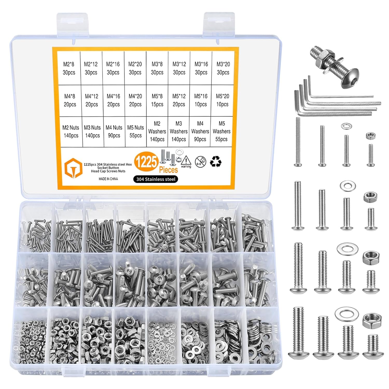 1225pcs M2 M3 M4 M5 Vis Et Boulons À Six Pans Creux Hexagonaux Et Écrous Et Rondelles Kit D’assortiment