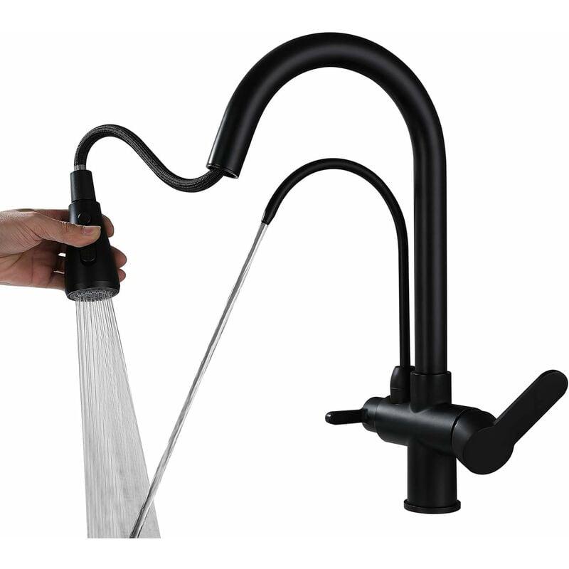 Robinet De Cuisine Mitigeu Mural Noir,robinet D'Évier De Cuisine Double Trou En Laiton,monocommande,pivotant À 360° En Acier Inoxydable Montage
