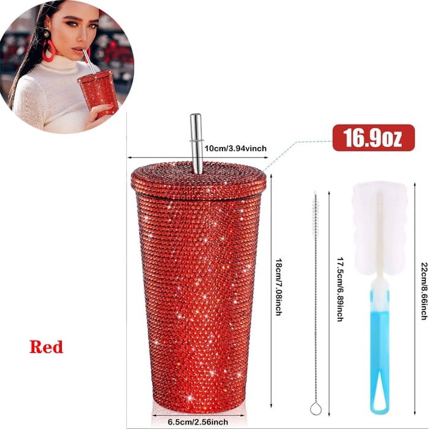 Gobelet Isotherme À Paillettes Et Strass Rouges 750 Ml Avec Couvercle Et Paille Intégrée