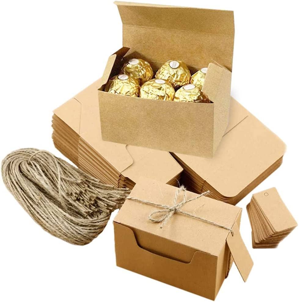50 Pièces Boite Kraft Carrée, Boite Cadeau Kraft, Kraft Brun Boîte, Avec Étiquettes Cadeaux Et Corde De Chanvre, Pour Emballage Cadeau Chocolats Bijou Petit Cadeaux Dragées De Mariage 10 X 6 X 6 Cm