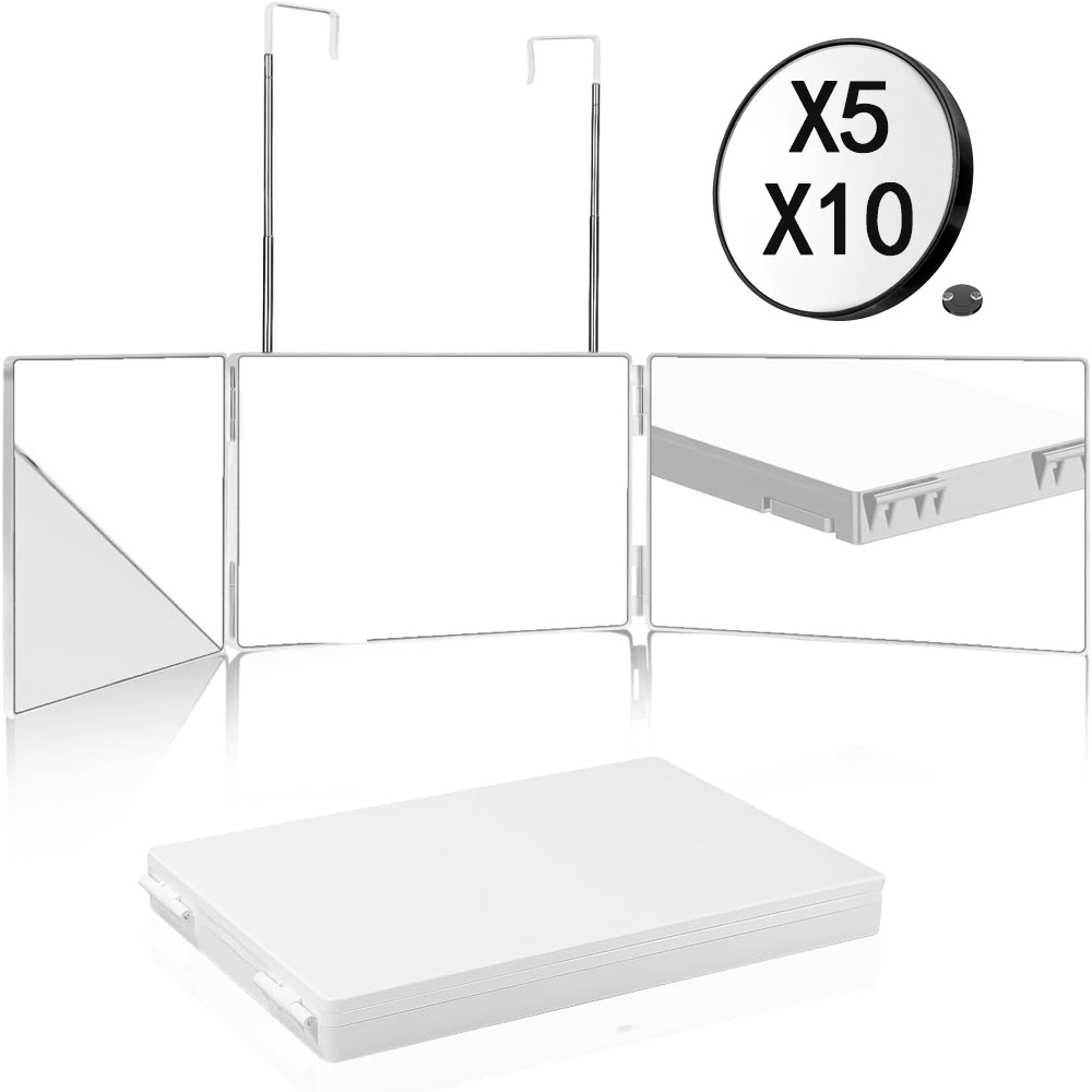 Miroir À 3 Volets Pour Se Couper Les Cheveux Soi-même, Miroir 360° Avec Lumières Led, Miroir Pliable En Trois Parties Rechargeable Et Réglable En Hauteur