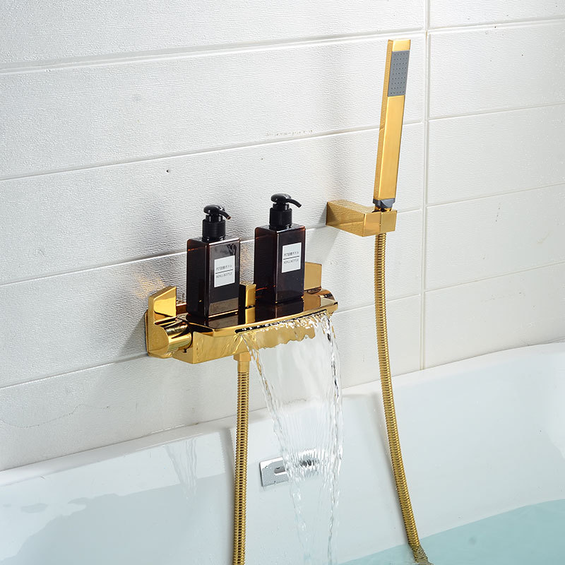 Robinet De Baignoire Avec Pommeau De Douche Noir, Robinet De Baignoire Cascade, Pommeau De Douche Cascade Mural (doré)