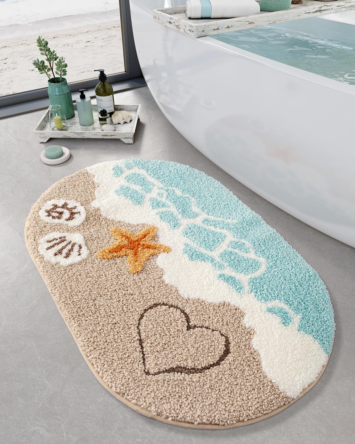 Tapis De Bain De Plage, Antidérapant, Idéal Pour La Salle De Bain, La Cuisine Et L'Entrée, Motif Coquillage Et Étoile De Mer, 50 X 80 Cm