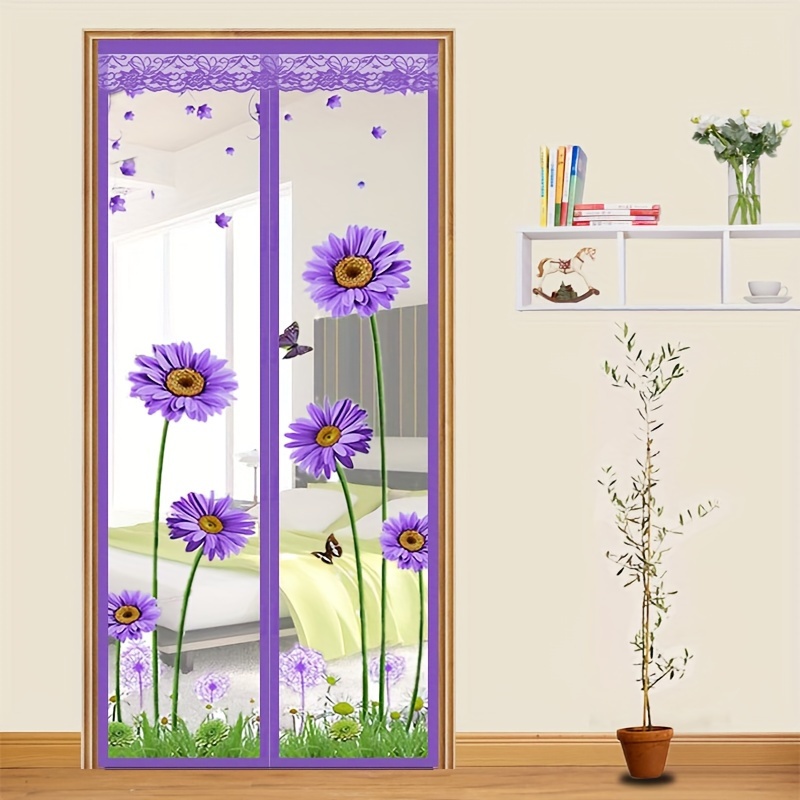 1pc Fleur Pourpre Moustiquaire Porte À Fermeture Aimantée, Pour Usage Domestique Sans Poinçonnage Et Collage, Fenêtres Moustiquaires D'Été, Rideau