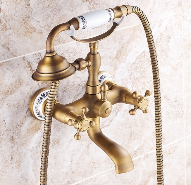 Robinet De Baignoire Rustique Mitigeur De Bain Doré Antique Avec Douchette En Laiton Pour Salle De Bain Chaude Et Froide Réglable (or Brossé)