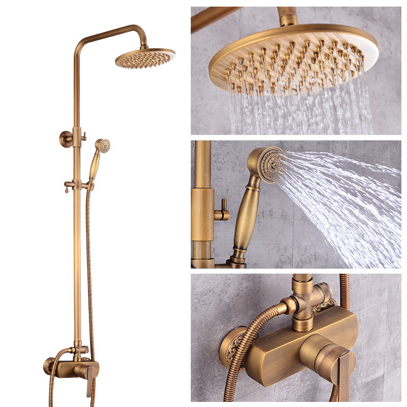 Colonne De Douche En Laiton Vintage, Système De Douche Ancien, Ensemble De Douche Mural Avec Robinet Mitigeur Réglable, Base À Motifs.