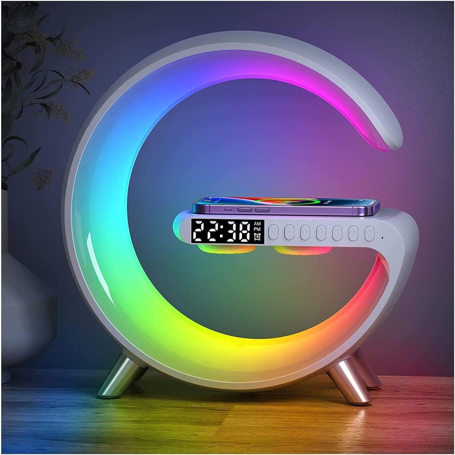 Domigard Luce Sveglia Con Ricarica Wireless, Lampada Da Tavolo Intelligente Lampada Da Comodino Lampada D'Ambiente Tipo G Luce Notturna Dimmerabile Sveglia Lampade Con Altoparlante Bluetooth (bianco)