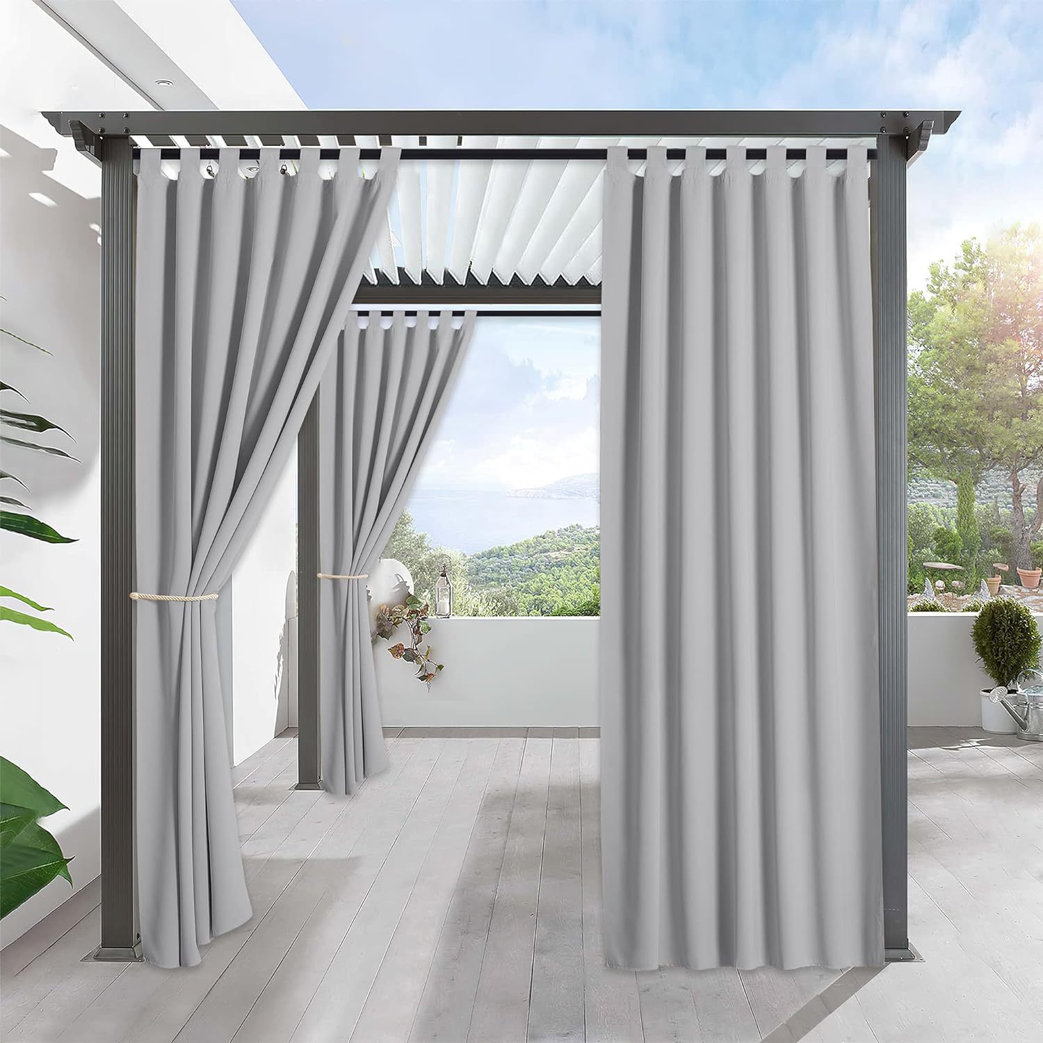 Rideau Pour Pergola - Rideaux D'Extérieur Lumière Bloquer Isolant Avec Pattes Fixation Facile Décoration ,l 132 X H 213 Cm,gris Argenté,2 Pièces