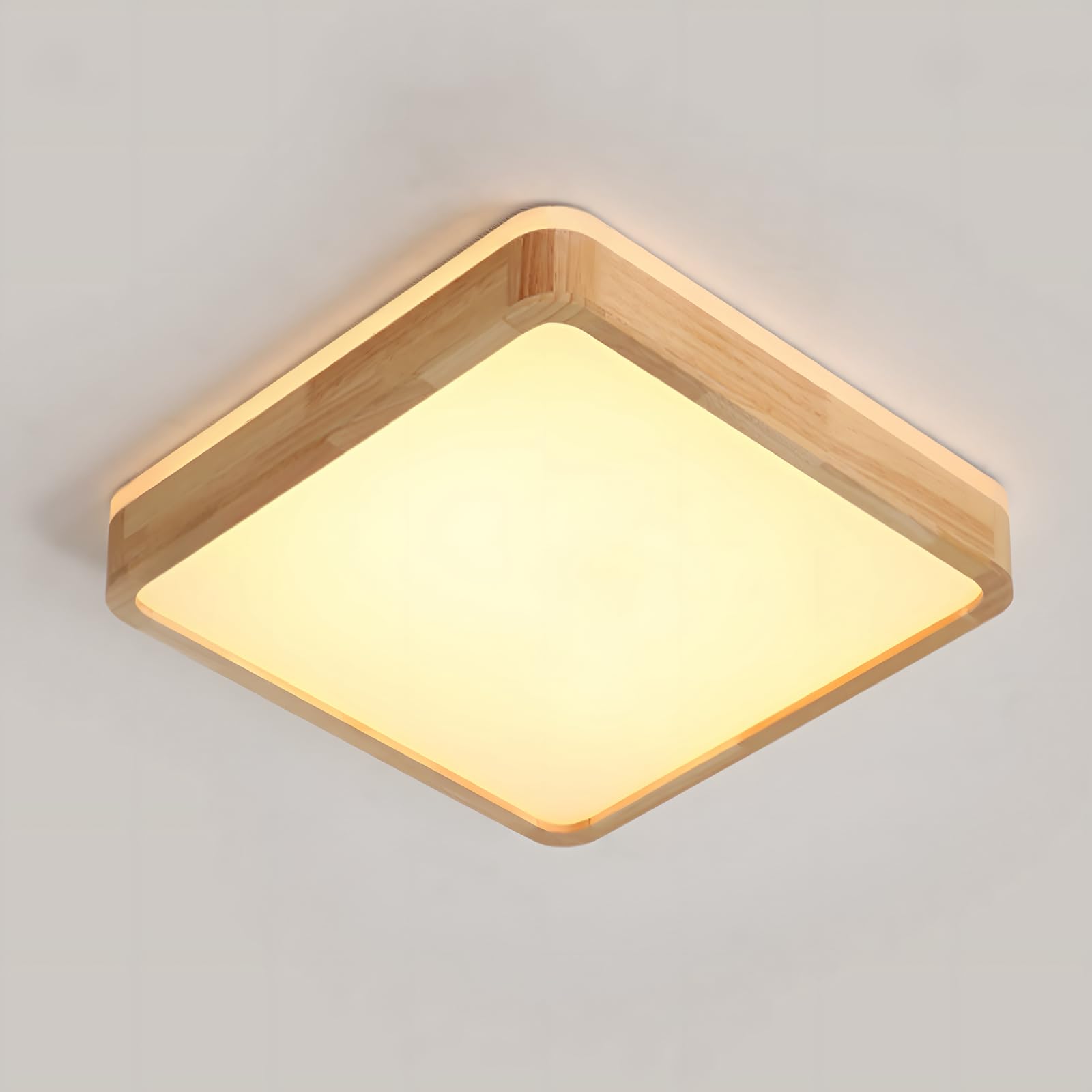 Plafonnier Led En Bois Naturel,lampe Carrée 360° Blanc Chaud 3000k,18w 1600lm Éclairage Salon,cuisine,salle À Manger,bureau,chambre