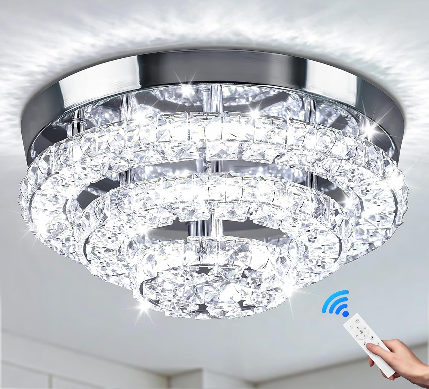11.8 Inch Lustre Moderne En Cristal Luminaire De Plafond En Cristal Led Lustre Niveaux Dimmable Avec Télécommande [classe Énergétique E]