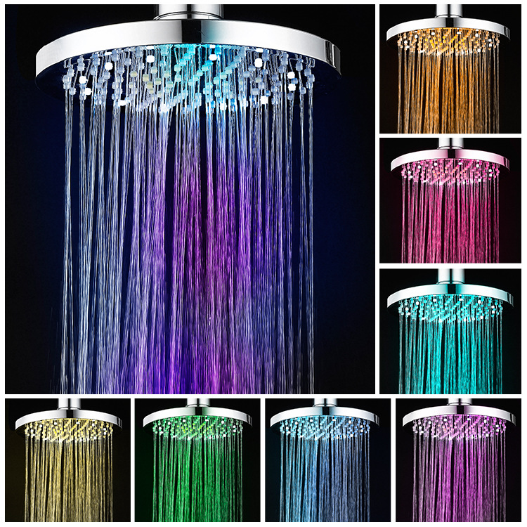 Round Rain Shower Head 7 Colors Automatic Change 8 Inch Stainless Steel High Pressure Bathroom Led Rainfall Shower Head